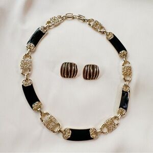 Vintage 1950 Designer Ernst Gideon Bek Zebra earrings, enamel gold necklace Set